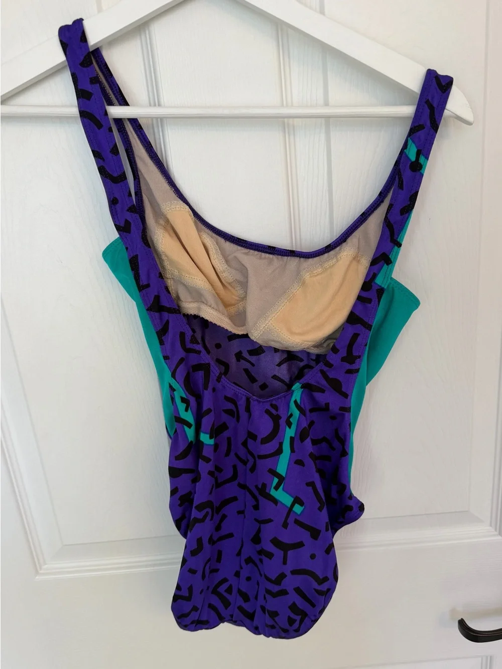 Vtg La Blanca Abstract Geometric High Leg One Piece Swimsuit Purple Teal 80s 90s